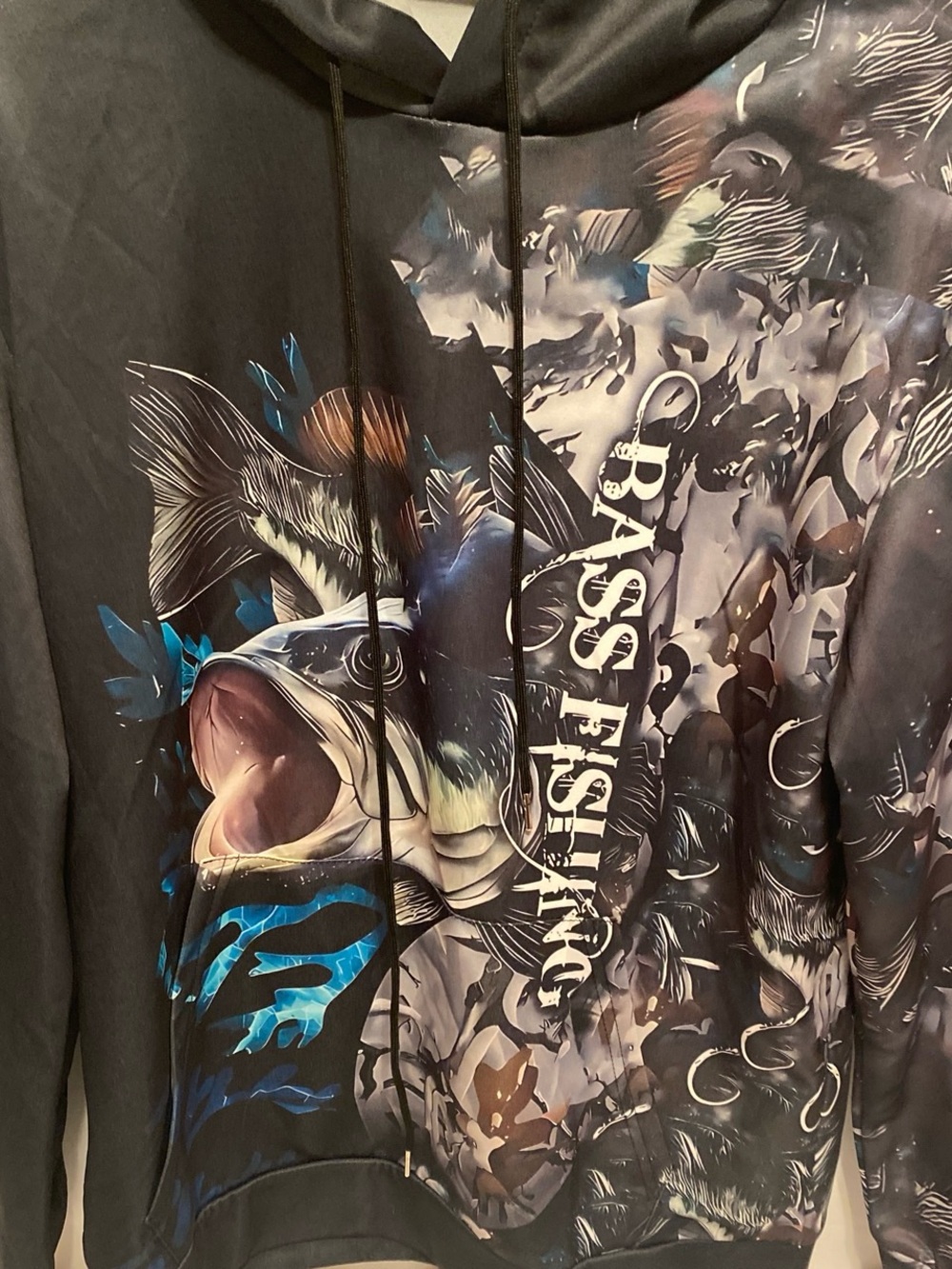Source Unknown Black Graphic Bass Fishing Hoodie with Blue Accents